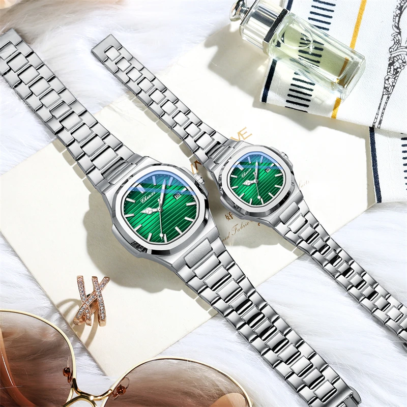 Chenxi 8222 moda casal relógio de quartzo à prova dwaterproof água luz noturna data pulseira de aço inoxidável casual data relógio masculino e feminino