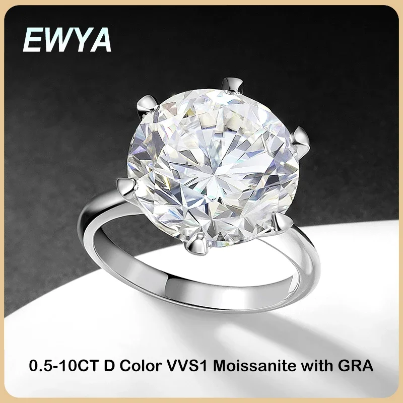 EWYA GRA-zertifiziert, 0,5–10 Karat D-Farbe, Moissanit-Solitär-Verlobungsringe für Damen, Silber 925, Hochzeit, Braut, großes Diamantband