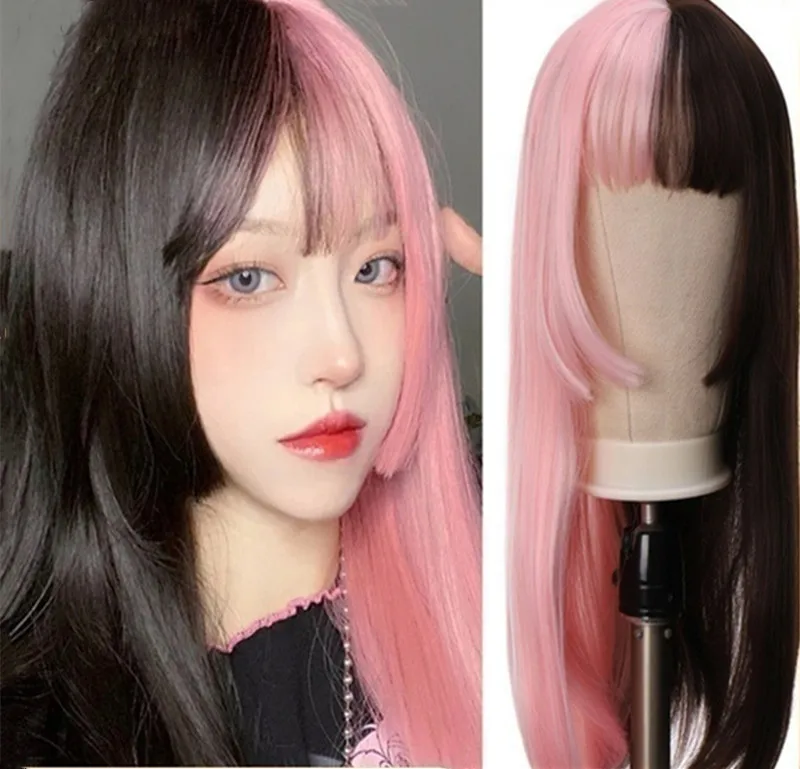 Extensões de cabelo sintético bonito jk menina cosplay ar franja peruca respirável cabeça capa cores sortidas longa reta peruca feminina chapéu