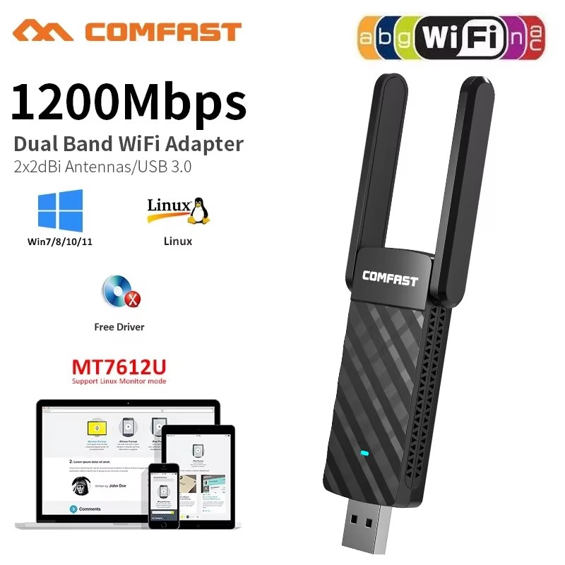Adaptador Wifi USB 3,0 de 1200Mbps, 5Ghz, 2,4 Ghz, doble banda, MT7612U, Dongle de antena Wi-Fi, Adaptador LAN, Windows/Linux, escritorio/portátil/PC