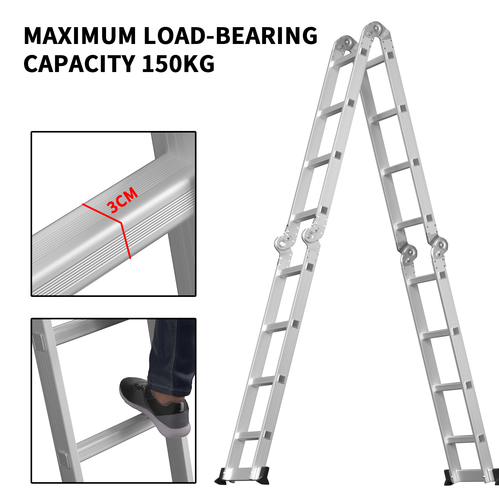Huini Multi-Purpose 4.7m/15.4ft Folding Ladder Aluminium Extension with Safety Platform, 16 Steps Heavy Duty 14 IN 1 Combination