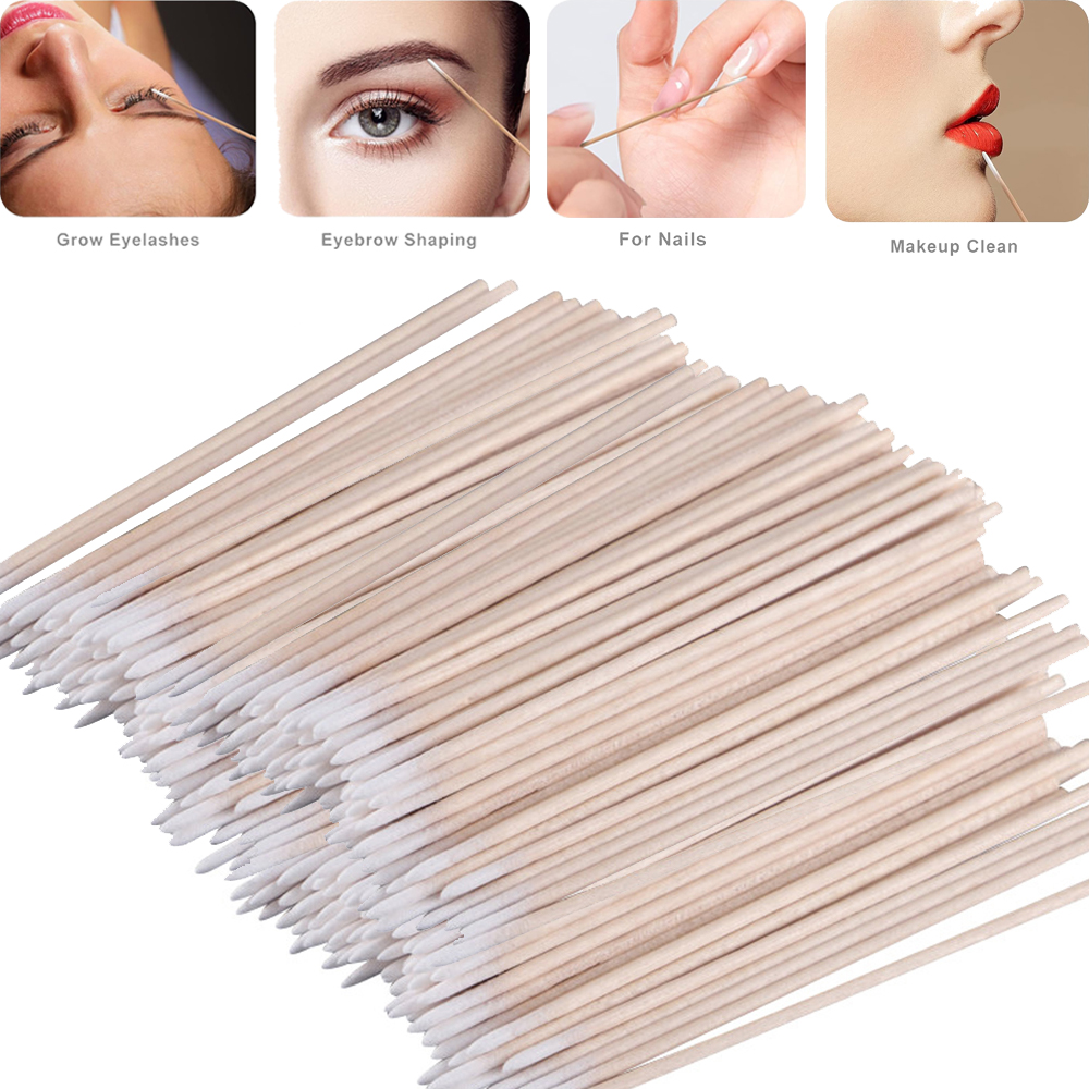 100/200/300/500Pcs Cotton Swab with Wood Handle Small Pointed Tip Head for Eyebrow Tattoo Beauty Make-up Nail Wooden Sticks 10cm