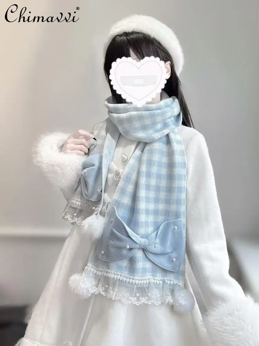 Bufanda Original japonesa de bola de pelo con lazo de perlas para niña, bufanda de temperamento producida en masa de punto con empalme de encaje de princesa para invierno