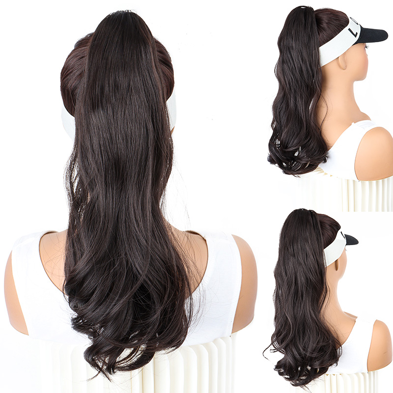 Extension Capillaire Synthétique Longue et Ondulée, Postiche Bouclée, Queue de Cheval Noire et Brune, Facile à vitation pour Femme, 18 Pouces