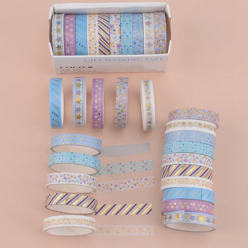 10 ม้วนดาว Washi เทปกาวตกแต่งเทปโรงเรียนวารสารอุปกรณ์ทองฟอยล์ Scrapbooking Kawaii เครื่องเขียน Masking เทป