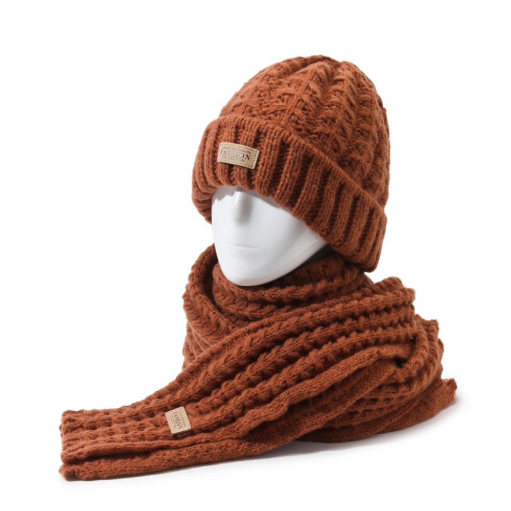 2Pcs Trendy Windproof Knitted Hat Scarf Thicken Plush Neck Guard Hat Set Simple Soft Warm Scarf Winter Autumn