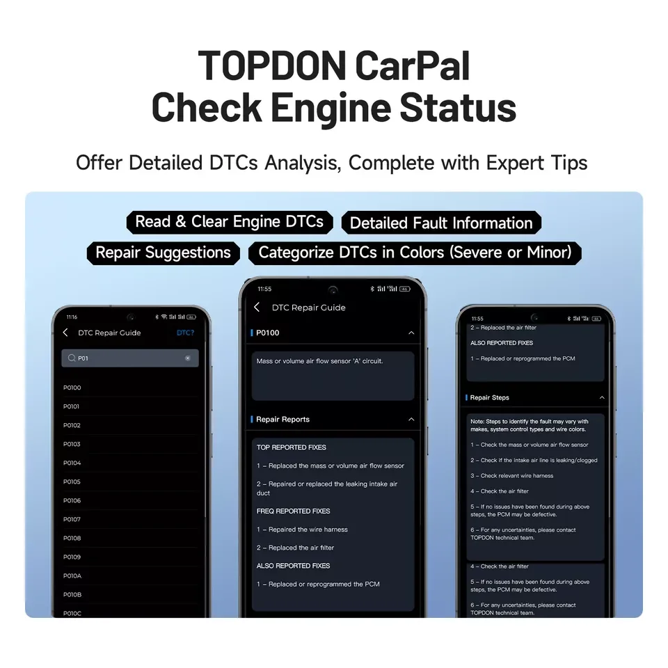 TOPDON CarPal OBD2 lector de código escáner Control de salud del coche Smog comprobar prueba de batería escaneo completo del sistema 6 servicios de reinicio