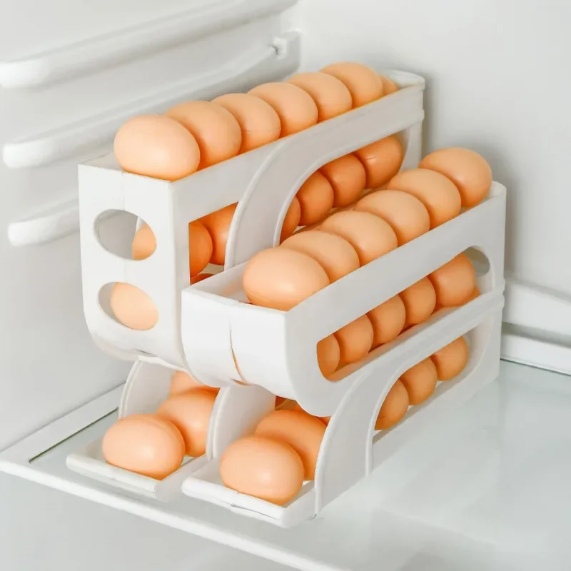 Rodillo automático para huevos de gran capacidad, refrigerador de cuatro niveles para el hogar, caja de almacenamiento de huevos, ahorro de espacio, cocina dedicada