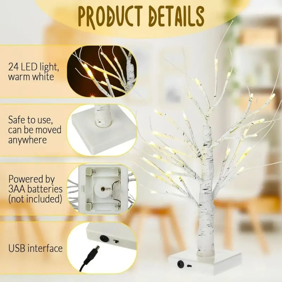 1 peça 24 led árvore de páscoa, ramos ajustáveis de árvore de bétula 3aa e fonte de alimentação usb, luz decorativa de árvore de quarto (sem bateria)