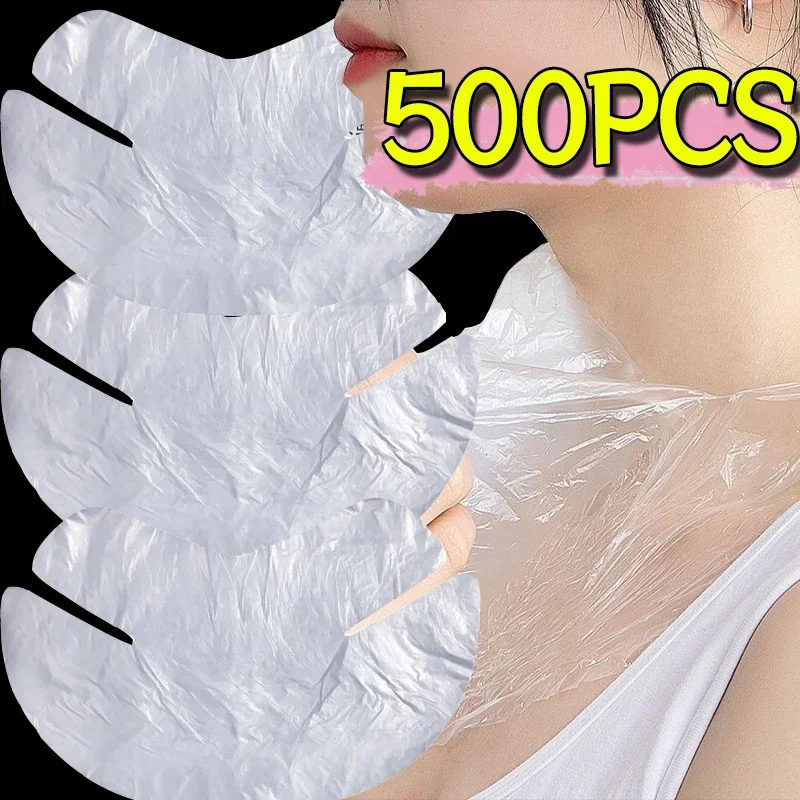 500PCS 목 마스크 랩 일회용 마스크 전체 얼굴 투명 마스크 플라스틱 필름 목 스티커 종이 얼굴 미용 메이크업 도구