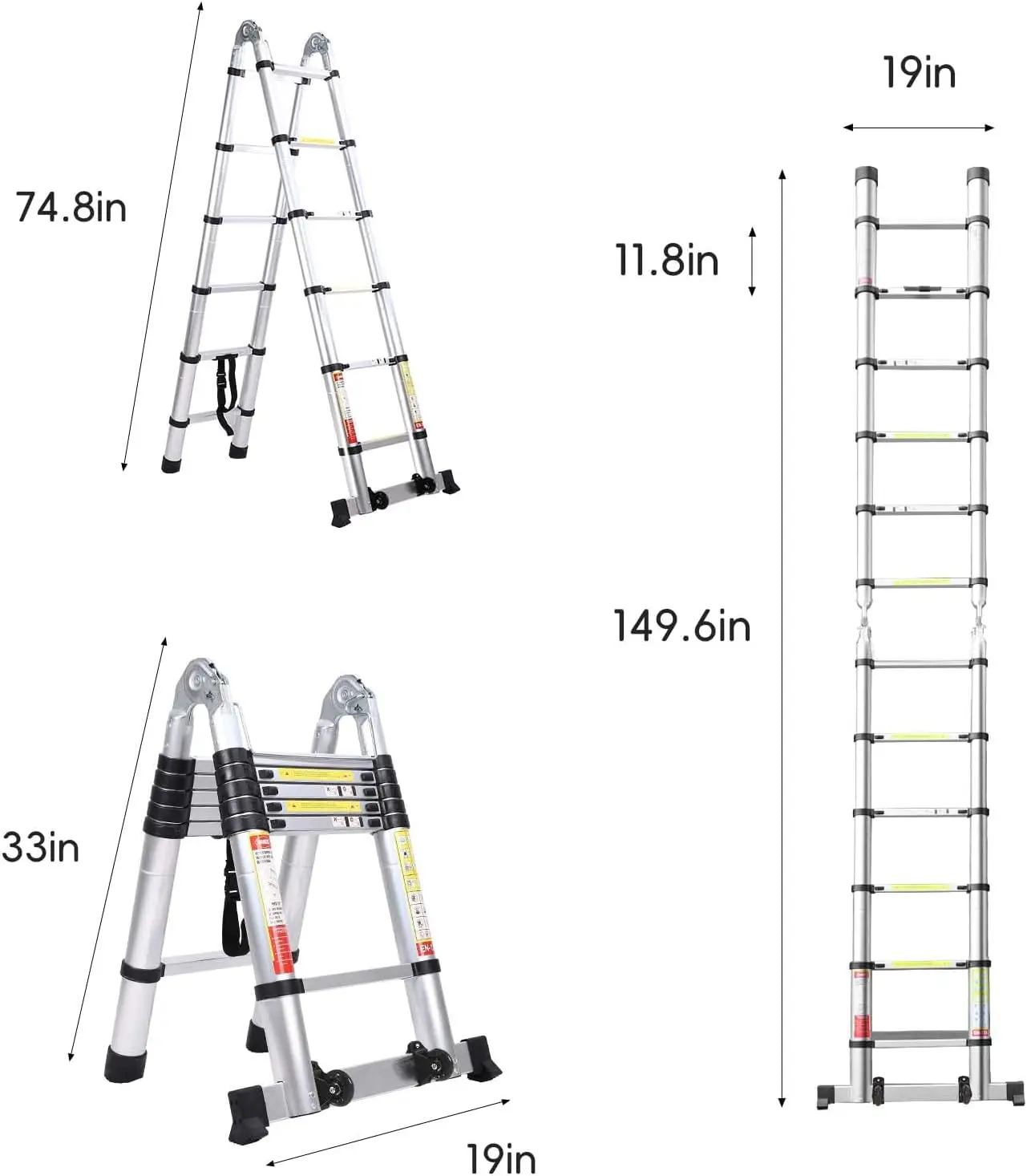 Scala telescopica da 3.8m con bilanciere, ruote mobili, per uso domestico ed esterno, design pieghevole multiuso.