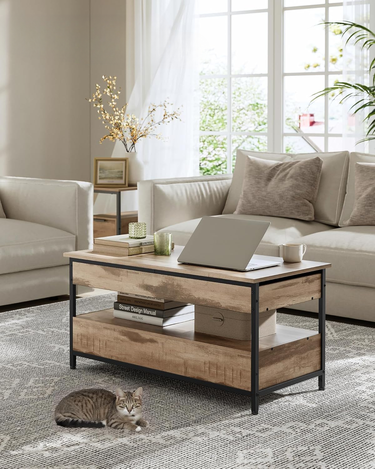 Wohnzimmertisch, Kaffeetisch, mit Schubladen, offenes Fach, Kamelbraun-tintenschwarz LCT209K02