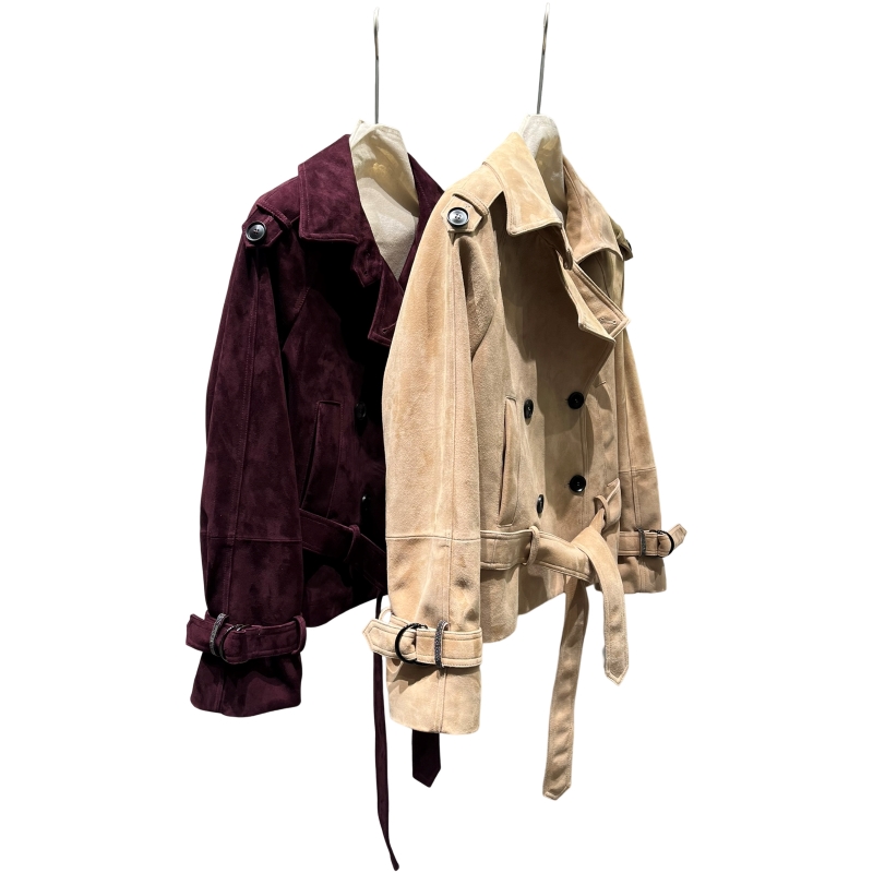 Casaco de camurça de carneiro feminino, capa pequena, tipo capa, couro bege roxo