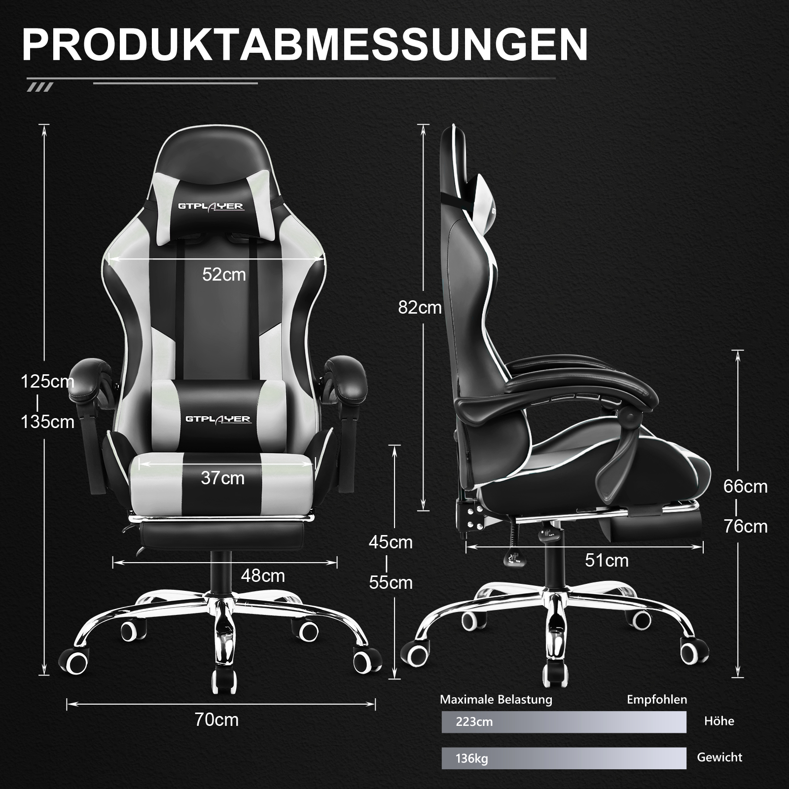 Chaise Gaming GTPLAYER avec Massage, Chaise Ergonomique avec Repose-Pieds, Dossier Réglable et Coussin Lombaire pour Bureau