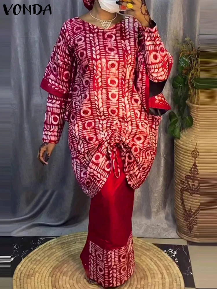 Vonda-女性用の長袖トップとハーフスカートのセット,プリントされた衣装,ボヘミアン,エレガントな2ピースのセット,ルーズフィット,カジュアル,ラージサイズ,5xl,2024