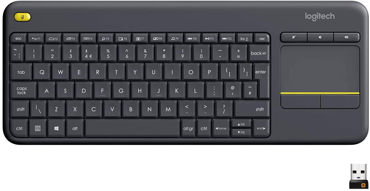 Logitech K400 Plus Keyboard Ruang Keluarga Nirkabel dengan Touchpad untuk Home Theater PC Terhubung Ke TV, Tombol Multi-media Yang Dapat Disesuaikan
