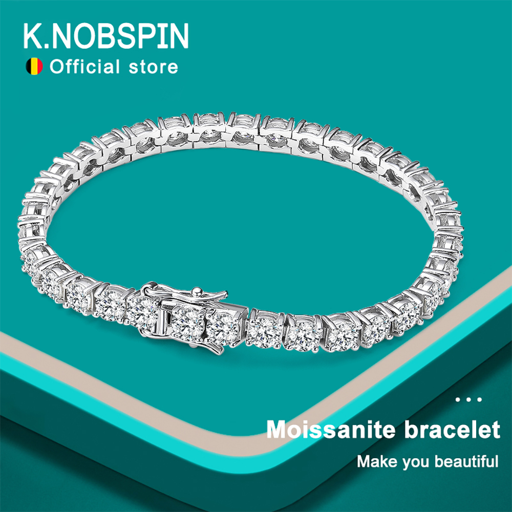 KNOBSPIN D VVS1 pulsera de tenis de moissanita Original plata de ley s925 chapada en oro blanco de 18k con pulseras GRA para mujer y hombre