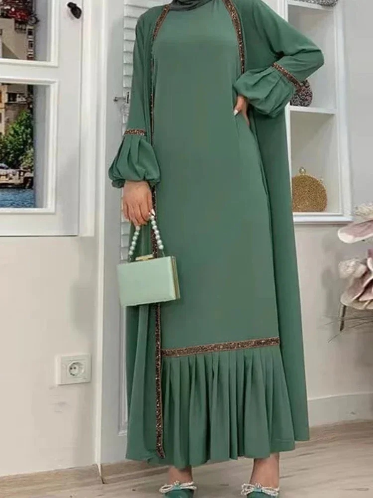 イスラム教徒の女性のためのヒジャーブドレス,2ピースセット,長袖,ランタンマキシ,アバヤ,着物,大きなスイング