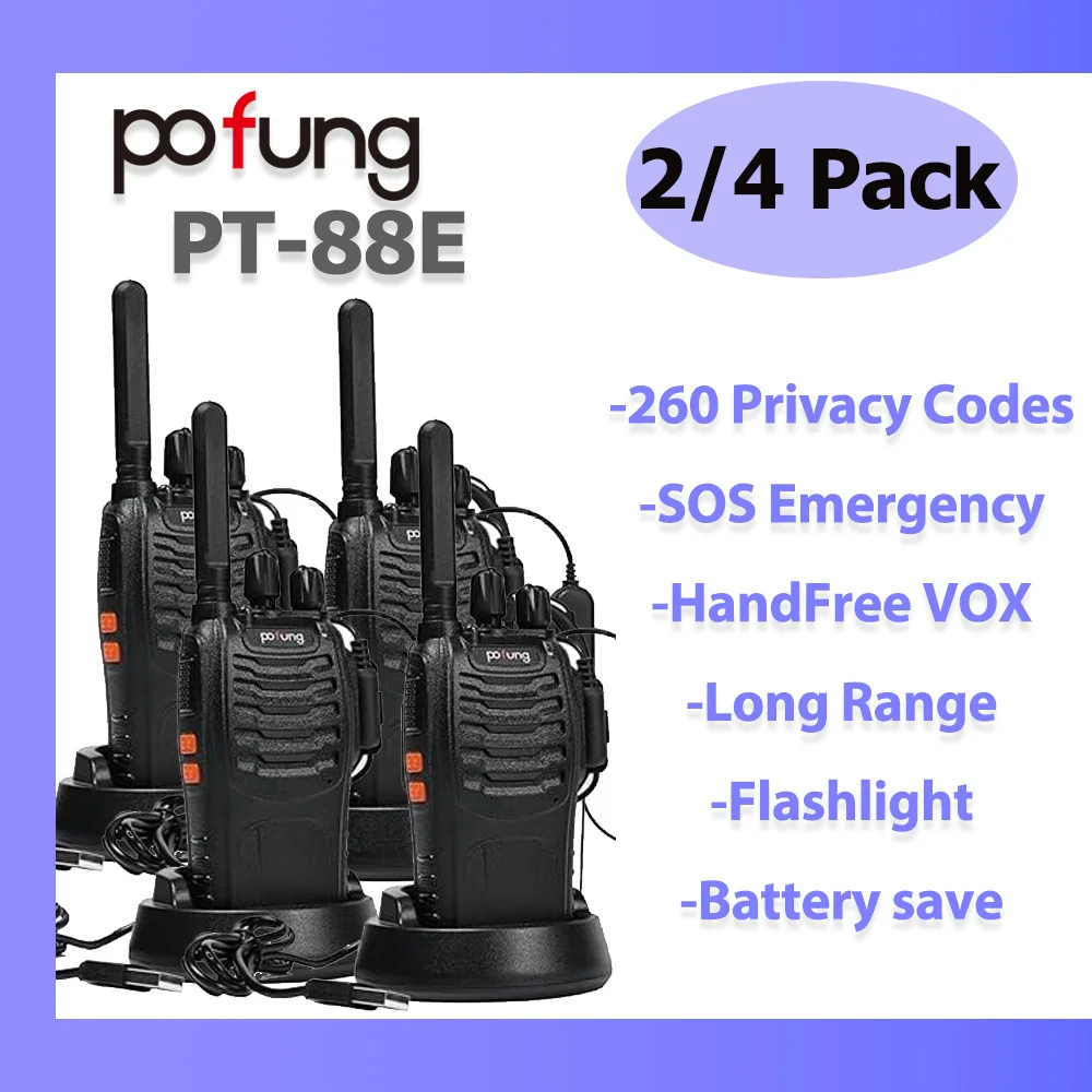 2/4PCS Pofung PT88E PMR446 Handheld 2-Wege Walkie Talkie mit USB Lade Funktion LED Taschenlampe VOX für Outdoor Camping Wandern