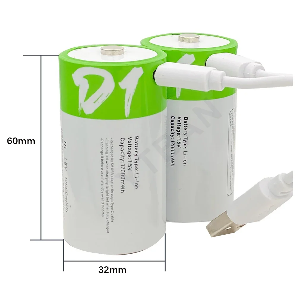 1.5V LR20 12000mWh D Size  Rechargeable Lithium Battery with Type-C charging cable, For Flashlight,Gas stoves and Water Heaters