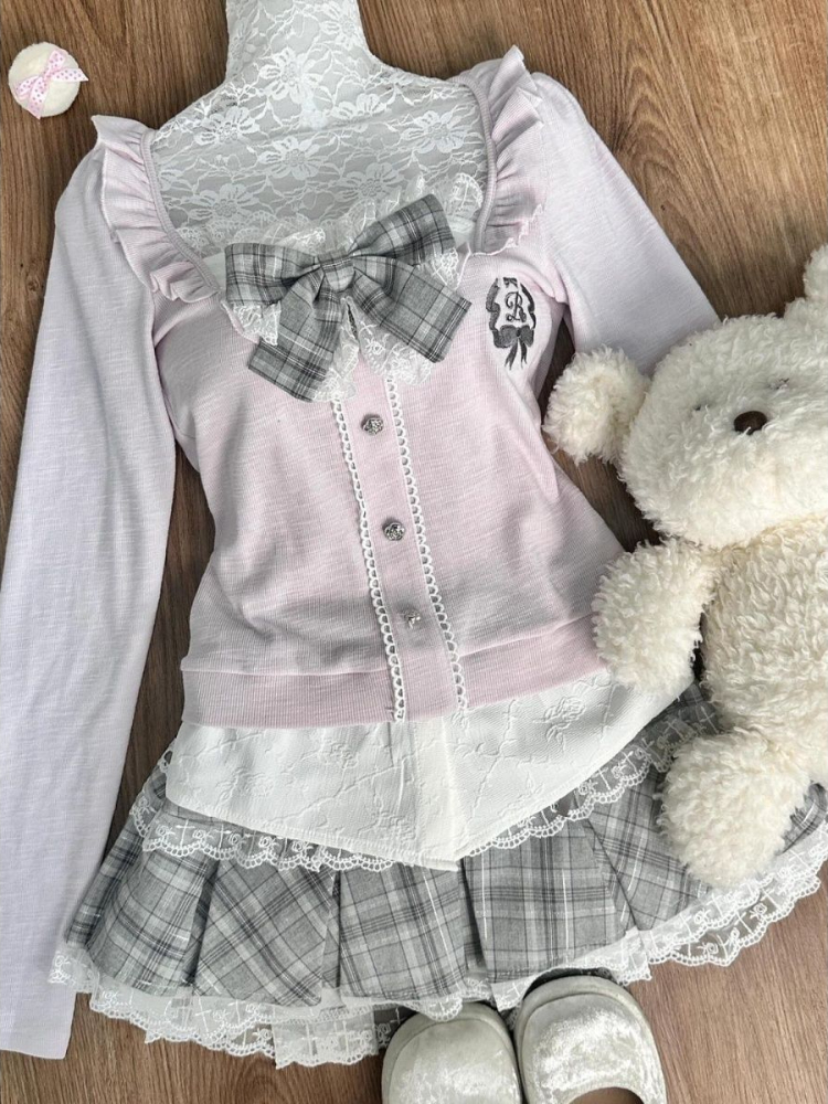 秋冬シックな固体 2 点セット女性の韓国のファッション長袖スリムスクエアネックトップス + 弾性ウエストチェック柄スカートスーツ新