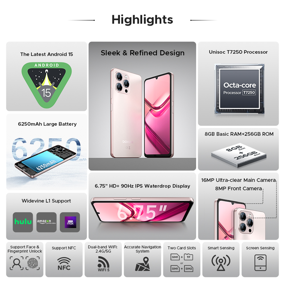 Versão global doogee note58 pro smartphone 6.75 "hd + display 8gb ram 256gb rom 6250mah bateria grande nfc android 15 celular