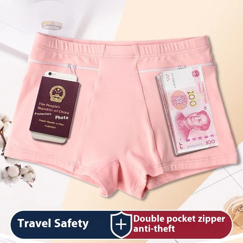 Calça curta anti-roubo para mulheres, calcinha com bolsos de zíperes, carteira de dinheiro para telefone boxer de algodão, short de barriga segura