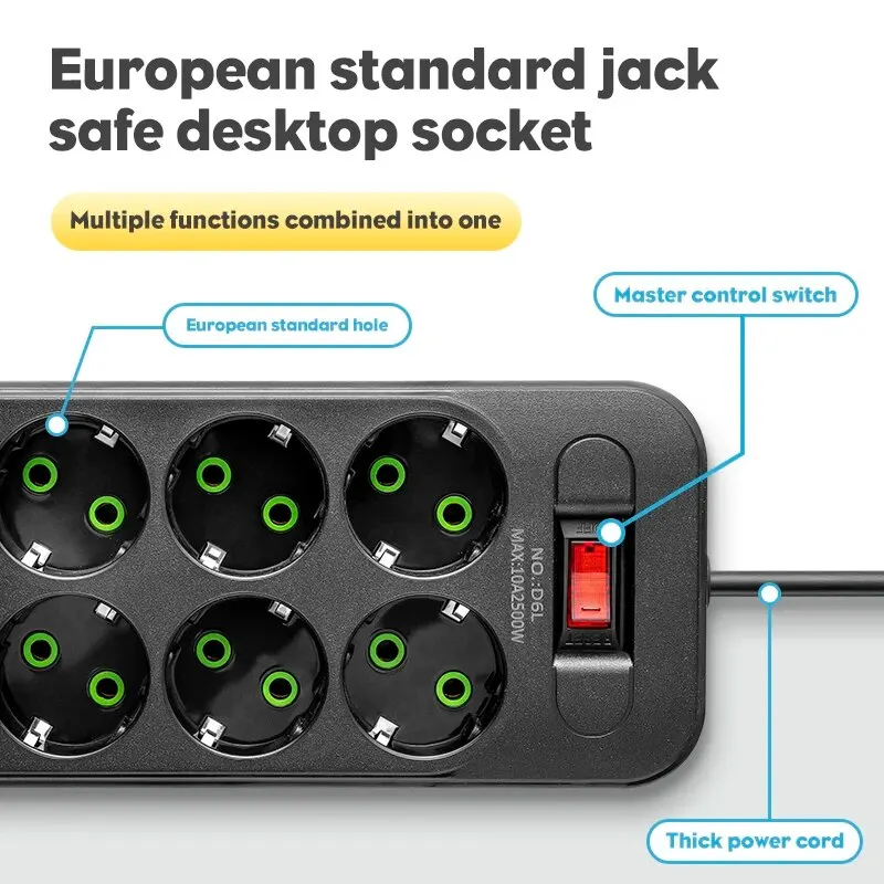 Regleta de corriente alterna con enchufe europeo, cable de extensión multitoque, enchufe eléctrico con 4 puertos USB, carga rápida, filtro de red multifunción