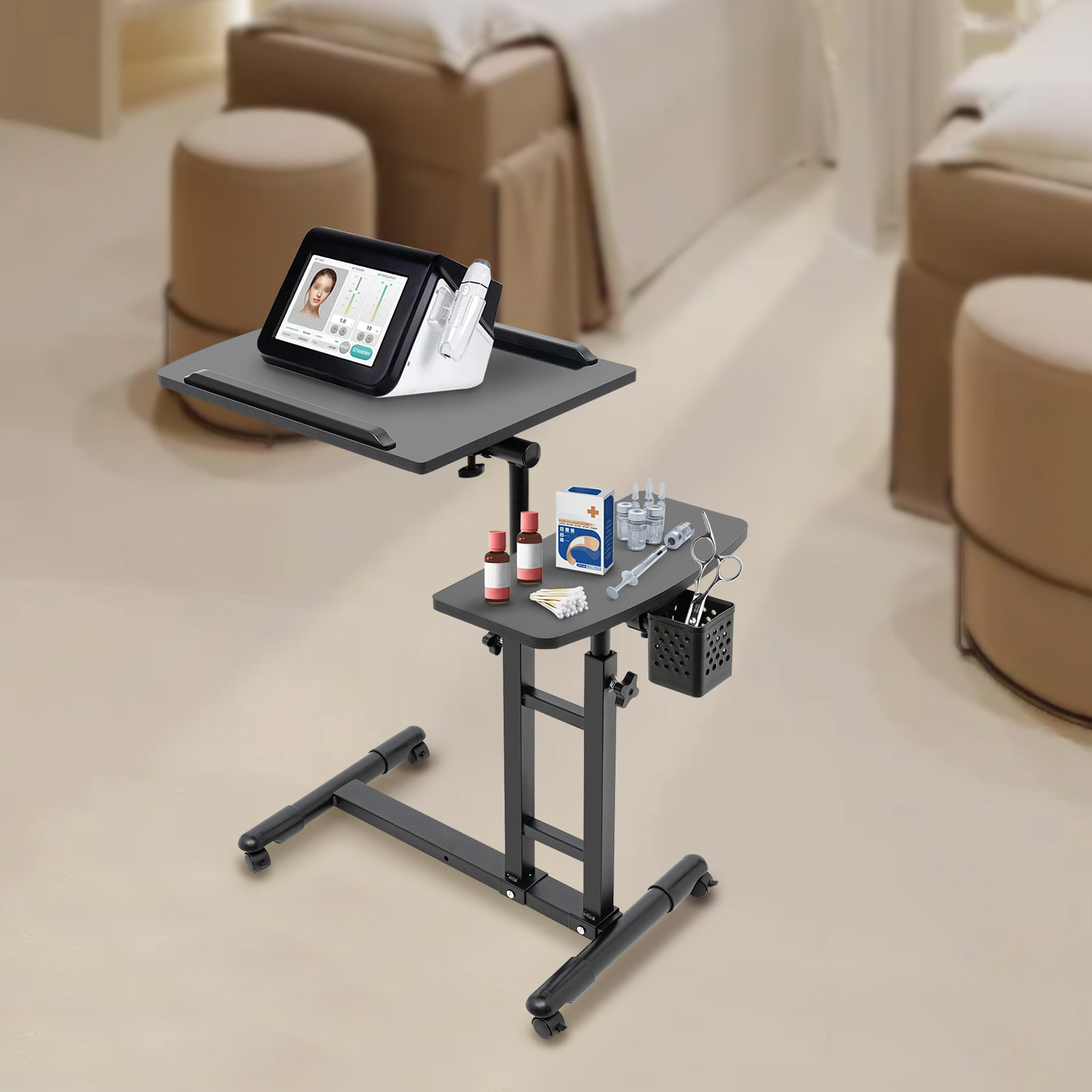 Mobile Salon-Arbeitsstation mit verstellbarem Tisch, tragbarer Tattoo-Werkbankständer, Beauty Rolling Trolley Tablett, Salonmöbel