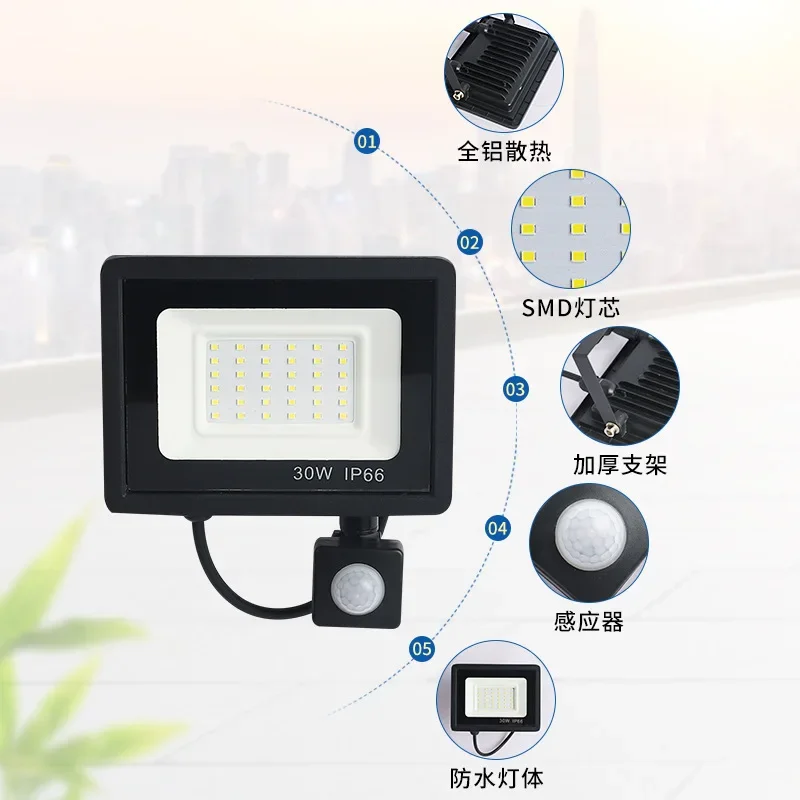Holofotes LED 100W 50W 30W 20W 10W PIR Sensor de movimento IP66 LED à prova d'água 220V Pendurado Exterior Lâmpada de parede externa Spotlight