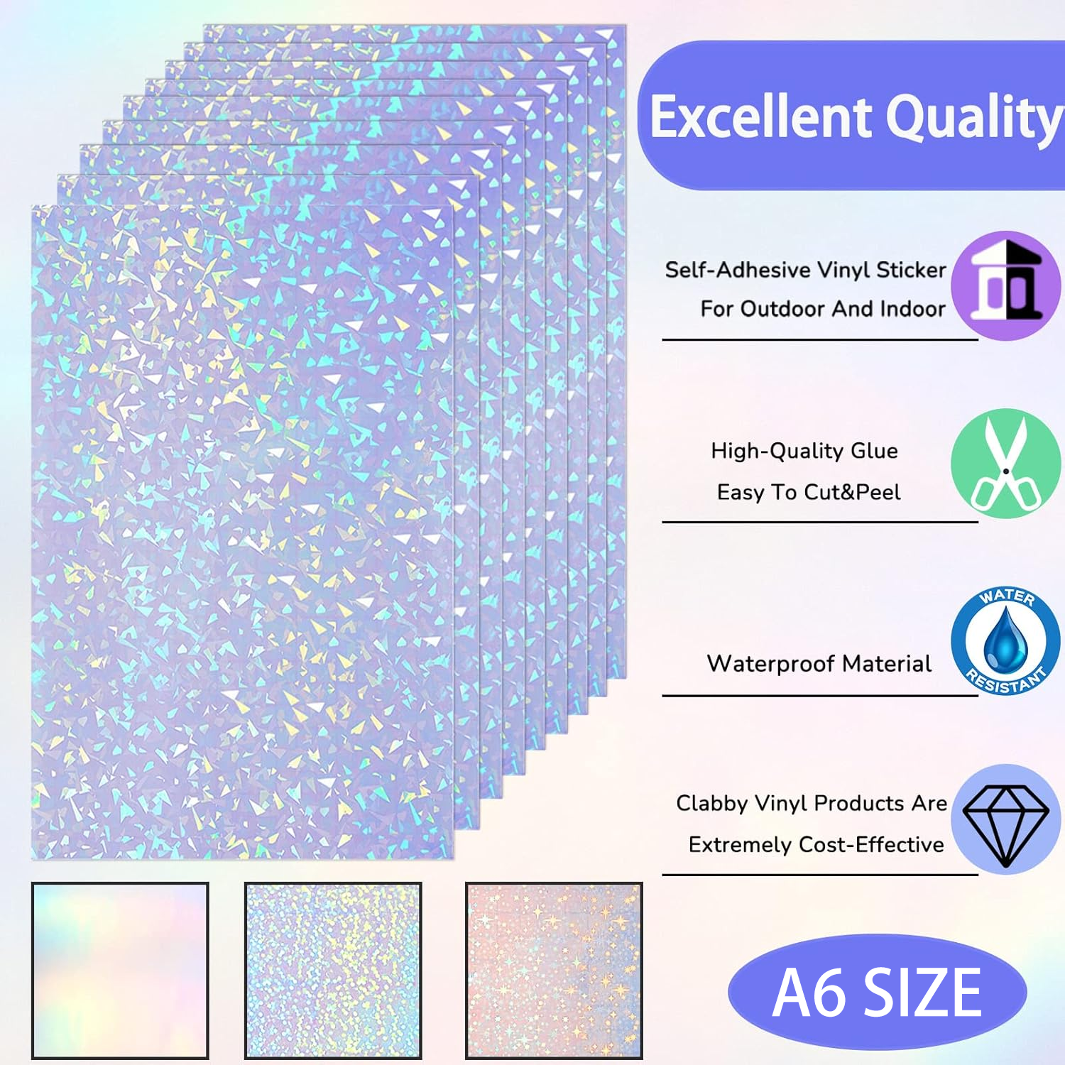 50 Sheets Holographic Vinyl Sticker Paper Clear A6 Self Adhesive Waterproof Cold Lamination Film Gem Rainbow Sand Star Patterns