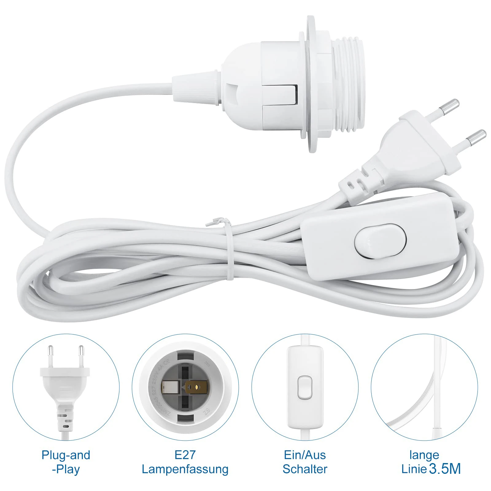 1.8m 3.5m 6m Power Cord Cables E26 E27 Half Teeth Lamp Base Holder With Switch Wire EU Plug For Pendant Led Bulbs Fixture