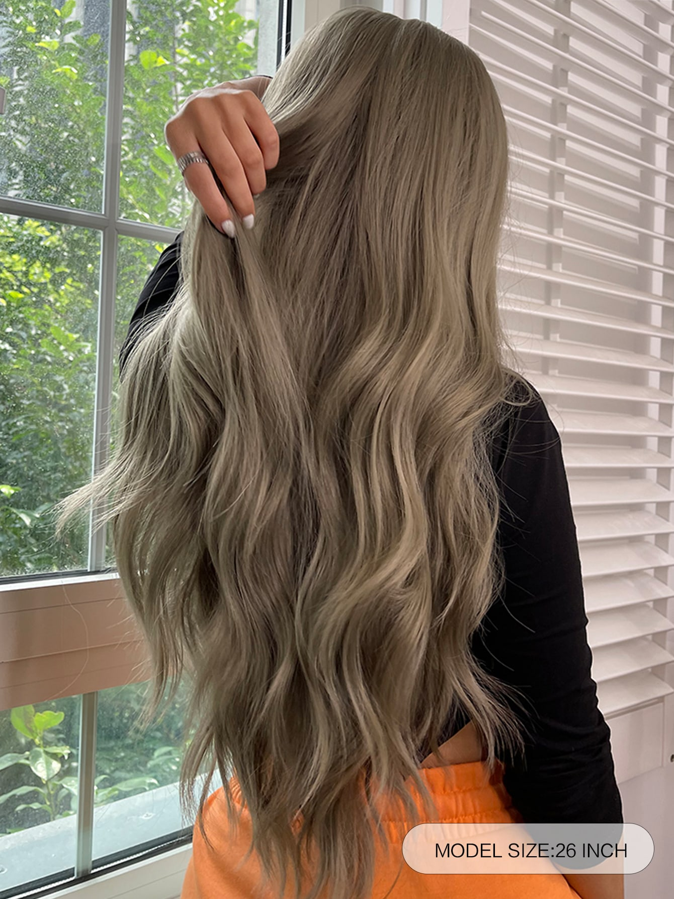 Preciosa peluca ondulada larga y rizada gris de lino y madera verde - Reemplazo de cabello sintético para mujeres