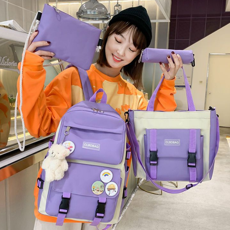 4-Piece Set Primary School Schoolbag Female Ins Korean Version of Campus Lightweight Large-capacity Backpack Resh Junior High