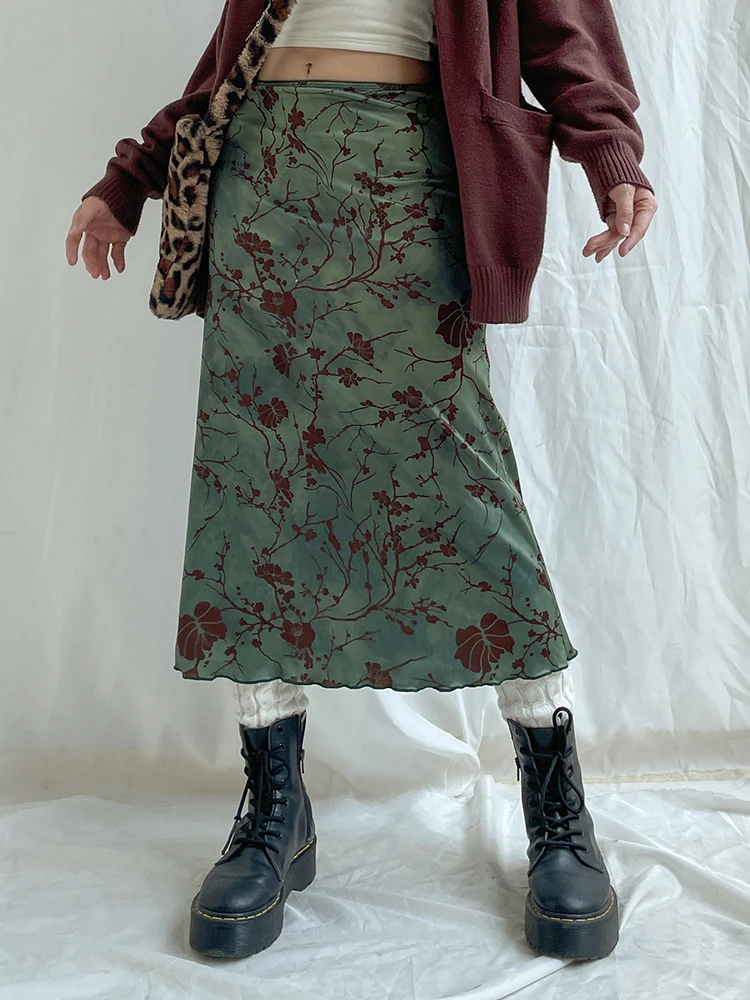 SUCHCUTE y2k Vintage Stampa Floreale Midi Gonne Donna Harajuku Fairycore Verde Dritto Maxi Gonna Estetica Dolce Vestiti Della Ragazza