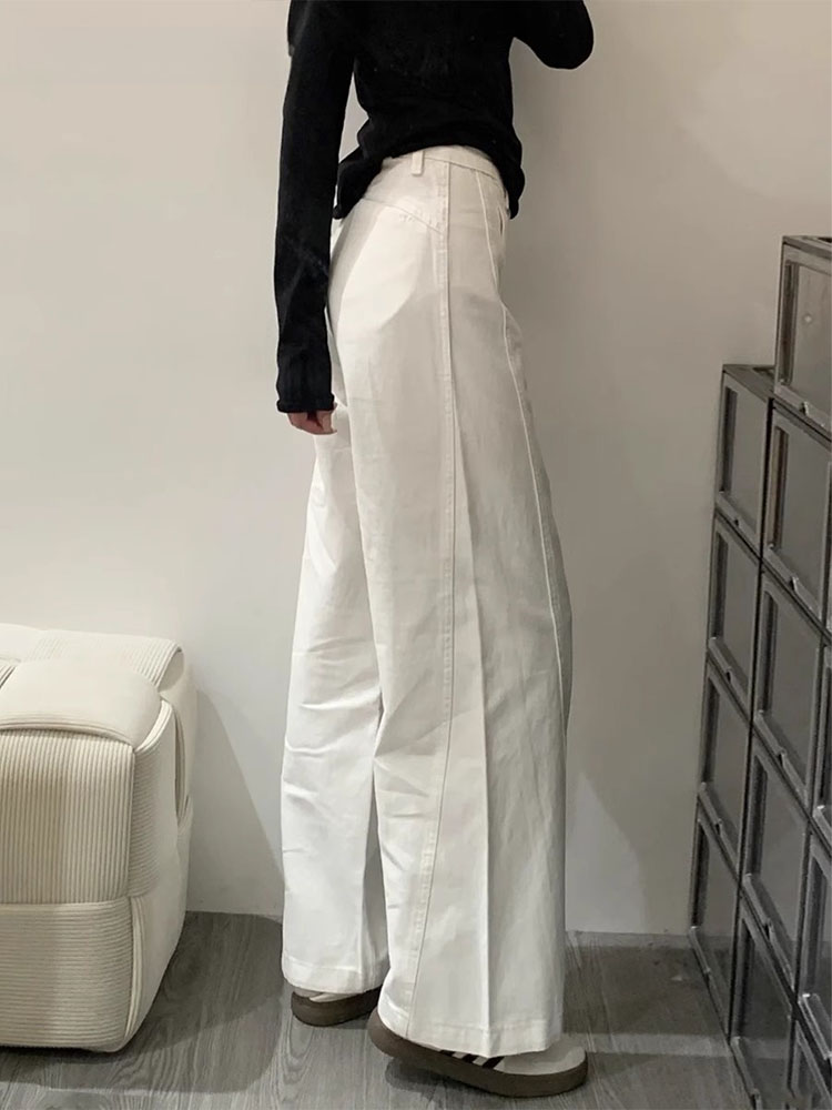 Calças Jeans Casuais de Perna Larga Brancas Fenas Plus Size Cintura Alta Americana Modelagem Retas Moda de Outono Ajuste ...