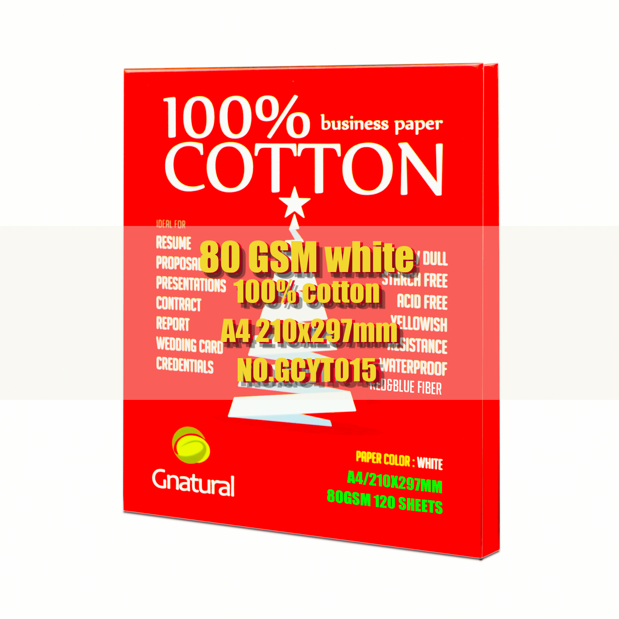 80gsm Papel 100% Algodón A4 210*297mm, Color Blanco, Sin Amido, Impermeable, 120 Hojas GCYT015