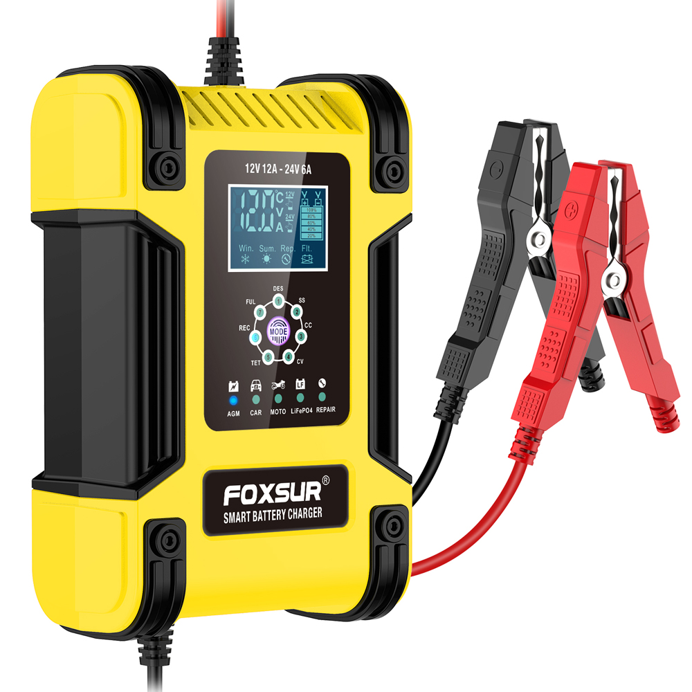 Foxsur 全自動車のバッテリー充電器 12V 12A デジタルディスプレイバッテリー充電器パワーパルス修理充電器ウェットドライ鉛酸