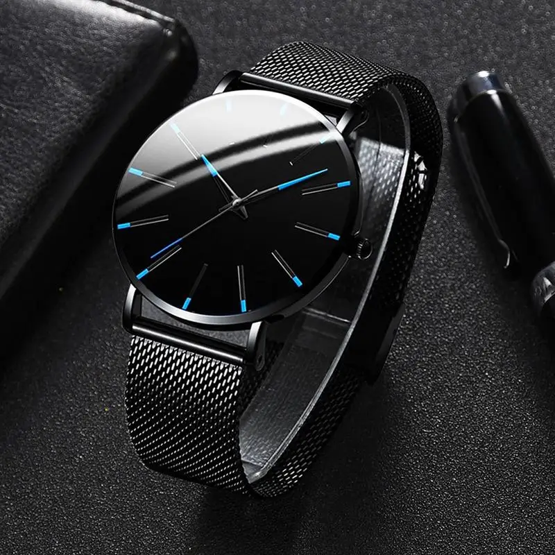 Mode minimalistische ultradünne Uhr Herren Business Edelstahlarmband Stahl MeshQuartz Uhr Freizeit Herrenuhr