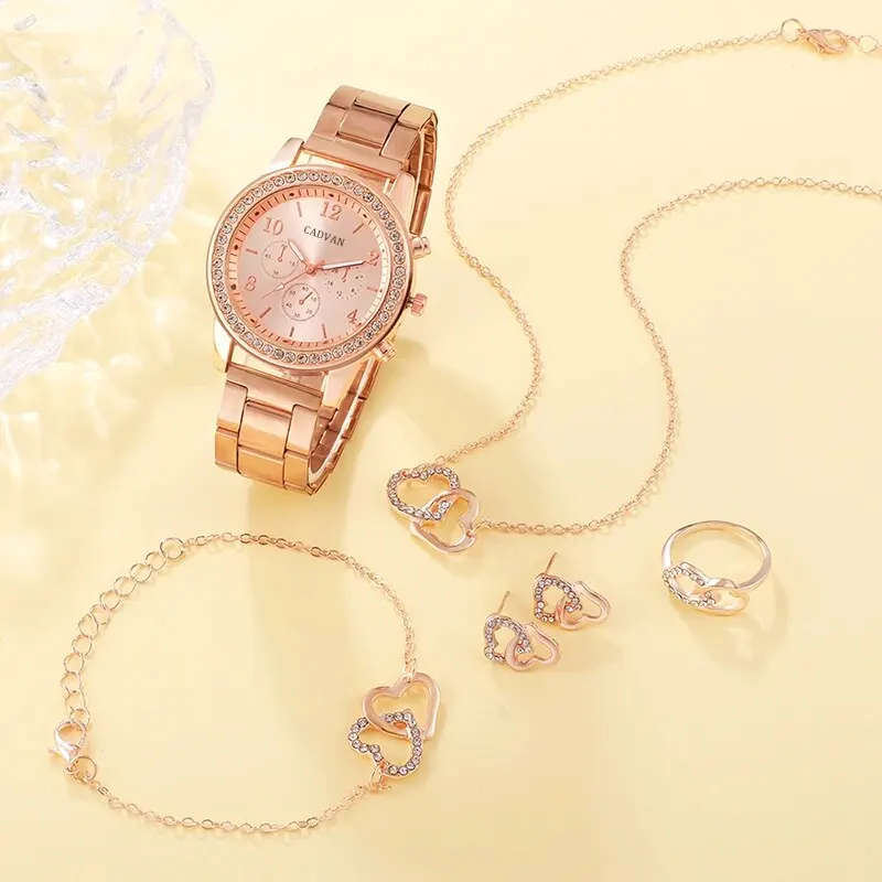 Conjunto de 6 uds. De reloj de lujo de oro rosa para mujer, anillo, collar, pendiente, reloj de pulsera de moda con diamantes de imitación, relojes de pulsera informales para mujer