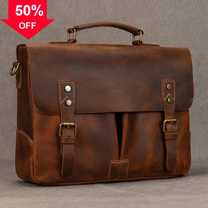 Newsbirds Cowhide กระเป๋าเอกสารผู้ชายหนังแท้ A4 แฟ้มเอกสารกระเป๋าถือชายแล็ปท็อปไหล่กระเป๋าคอมพิวเตอร์ธุรกิจ