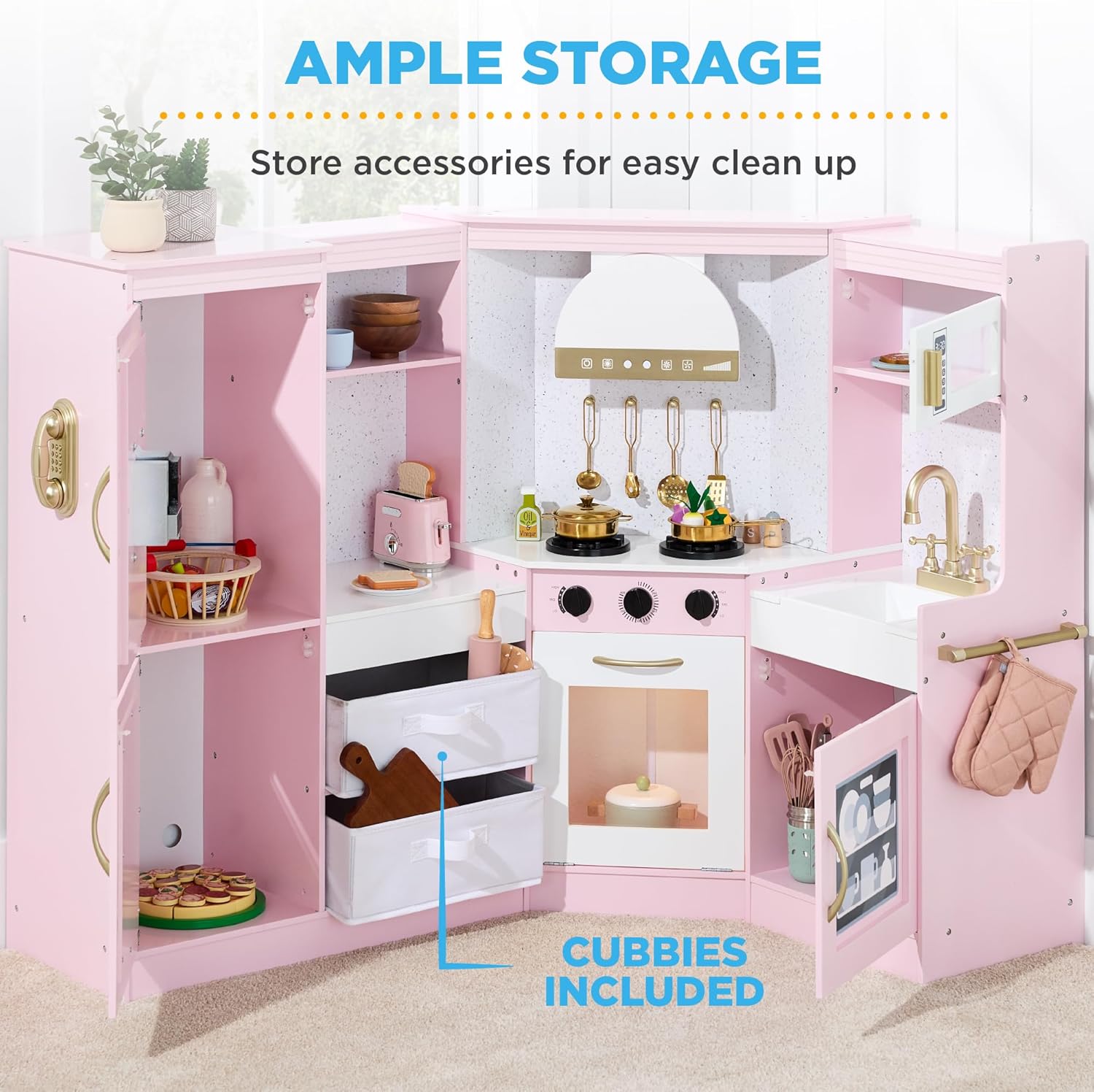 Pretend Play Corner Kitchen, Ultimate Interactive Wooden Kids Playset W/Lights & Sounds, Ice Maker, Hood - Bevel Pink