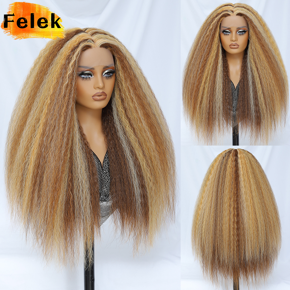Pelucas de encaje liso y rizado de 28 pulgadas, pelucas frontales de encaje liso Yaki con parte en T negra sintética para mujeres, pelucas Afro marrones con línea de cabello