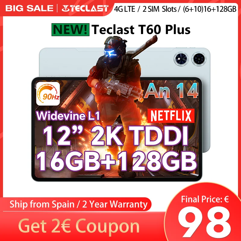 【NUEVO】Teclast T60 Plus 12 pulgadas TDDI 90Hz 2K Pantalla 2000x1200 Android 14 Widevine L1 MTK Helio G88 (6GB RAM+10GB Expansión)16GB/128GB 8000mAh Batería 4G LTE Dual SIM TF hasta 1TB