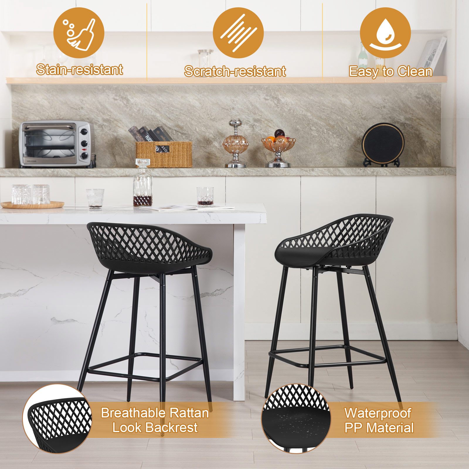 2PCS/CET Plastic Bar Stools Counter Stool with Hollow Backrest Footrest High Kitchen Stool for Dining Room Bar Outdoor Patio