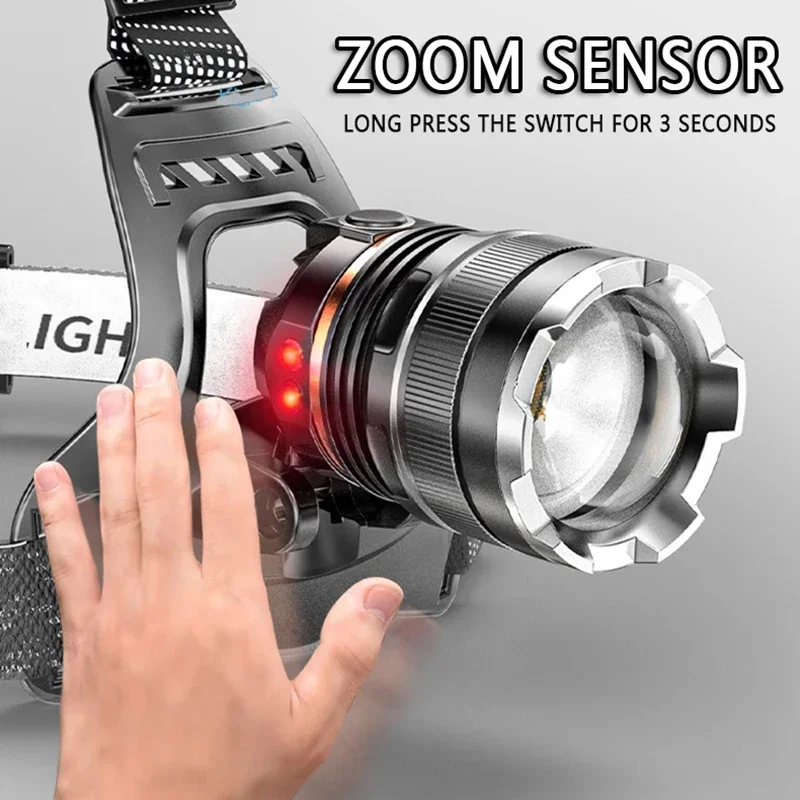 Linterna frontal con Sensor LED XHP50, faro impermeable, recargable, para pesca, búsqueda, Camping, Zoom