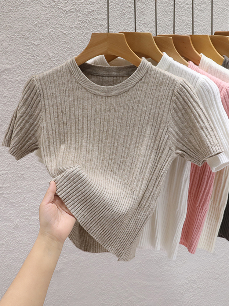 2025 夏の Tシャツ女性のためのカジュアル女性韓国ニットストリート Tシャツ基本固体ヤングクールトップス
