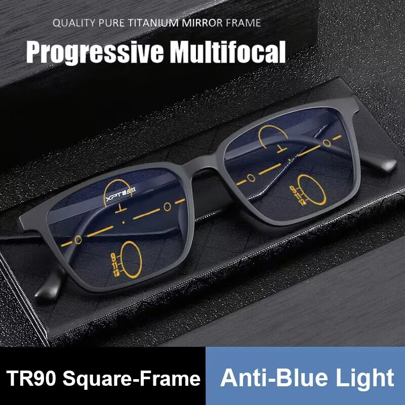 Óculos de leitura multifocal de titânio puro ultraleve masculino bloqueio de luz azul hipermetropia negócios óculos de armação grande 1.0-4.0