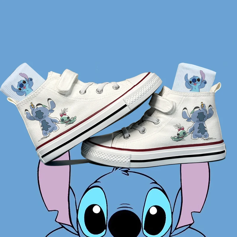 Zapatos altos blancos de Disney para niños, zapatos de lona Lilo & Stitch para niños, zapatillas de deporte de dibujos animados, calcetines informales de tenis para niñas y niños