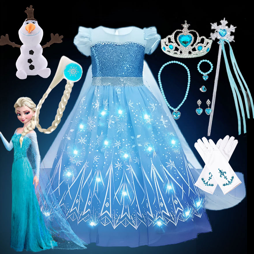 2024 Stunning Frozen Elsa Dress with LED Light Girls Role Play Princess Apparel Toddler Light up Fairy Elsa Classic Clothing